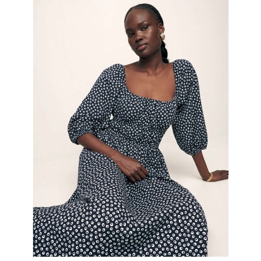 Reformation Bennie Midi Dress Navy Square Neck Ruched 3/4 Sleeve Sz Medium